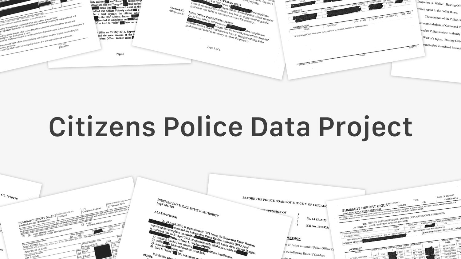 Collage de expedientes disciplinarios de la policía de Chicago con el título Citizens Police Data Project