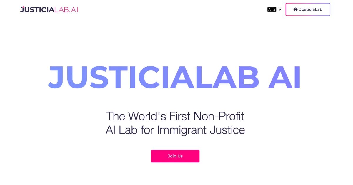 Portada del sitio de Justicia Lab AI, laboratorio sin fines de lucro de IA para la justicia migratoria