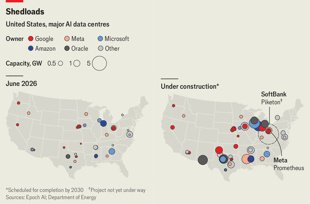 Mapas de EE.UU. con los principales centros de datos de IA en junio de 2026 y los que estan en construccion