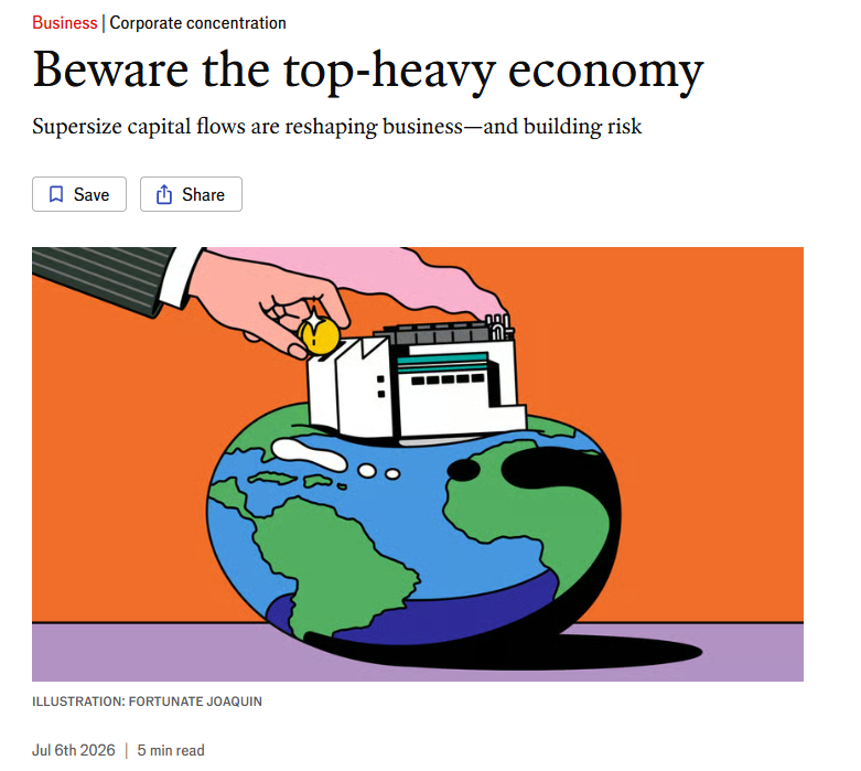 Portada del articulo de The Economist titulado Beware the top-heavy economy, en la seccion Negocios y bajo el rotulo Concentracion corporativa, con la bajada: flujos de capital descomunales estan reconfigurando los negocios y acumulando riesgo. La ilustracion muestra una mano dejando caer una moneda en una fabrica que aplasta al planeta