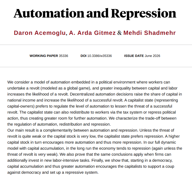 Portada del working paper: título Automation and Repression, autores Daron Acemoglu, A. Arda Gitmez y Mehdi Shadmehr, NBER Working Paper 35336, DOI 10.3386/w35336, fecha de emisión junio de 2026, seguido del resumen del artículo